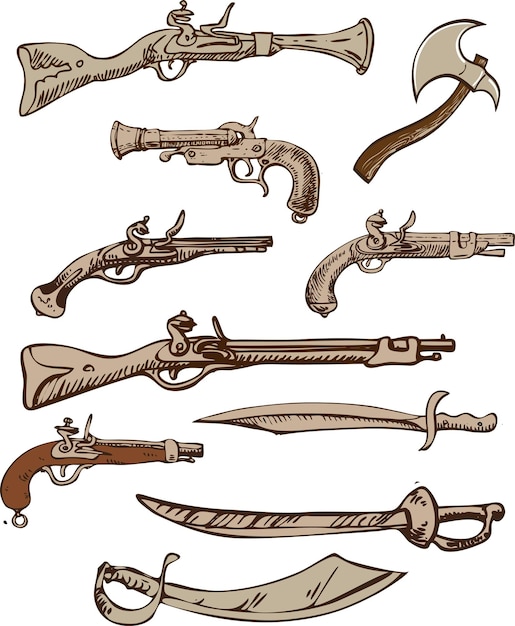 Set von piratenwaffen im stil von vintage-grafiken