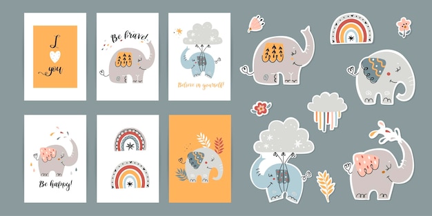 Set von postern mit motivierenden phrasenaufklebern mit elefanten