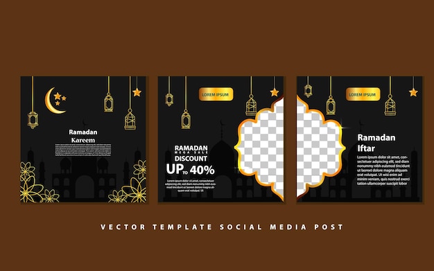 Vektor set von quadratischen social-media-post-vorlagen mega-verkaufsförderung mit modernem laternen-gold-design