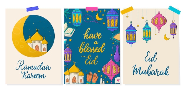 Vektor set von ramadan-karten, banner, plakate, einladungen, die mit zitaten und kitzeln geschmückt sind.