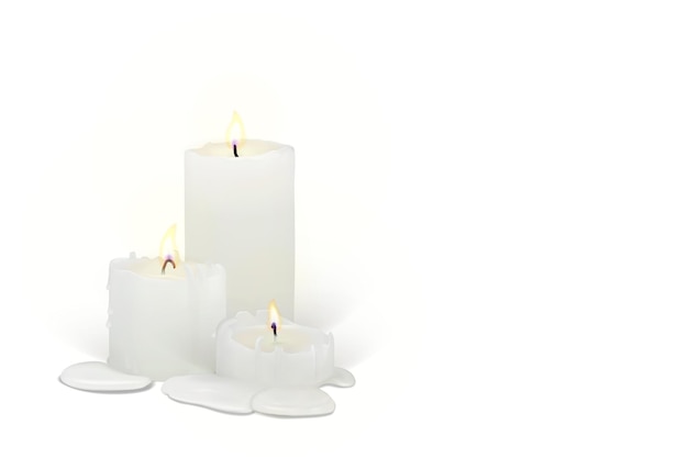 Set von realistischen brennenden Kerzen auf weißem Hintergrund