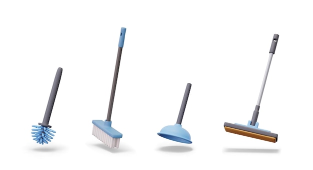 Set von realistischen Reinigungswerkzeugen Kolben Toilettenbürste Besen Mopp isolierte Elemente