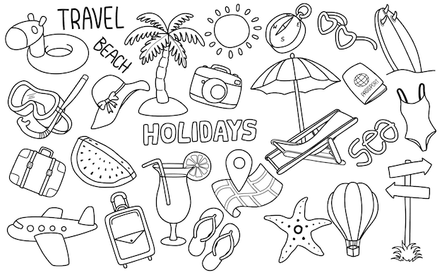 Set von Reise-Doodle-Symbolen für Tourismus und Sommerabenteuer