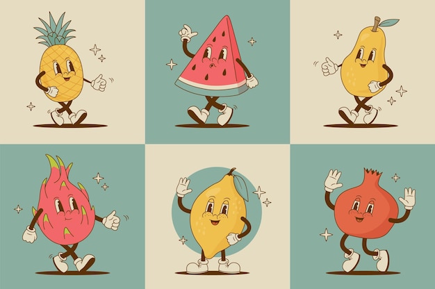 Set von Retro-Cartoon-Fruchtfiguren Zitronen-Wassermelone-Ananas-Birne-Garnett-Pitaya-Maskottchen