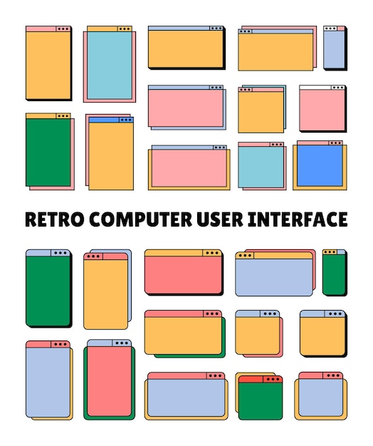 Set von Retro-Computer-Benutzeroberflächen Sammlung von Vintage-Popup-Computerrahmen