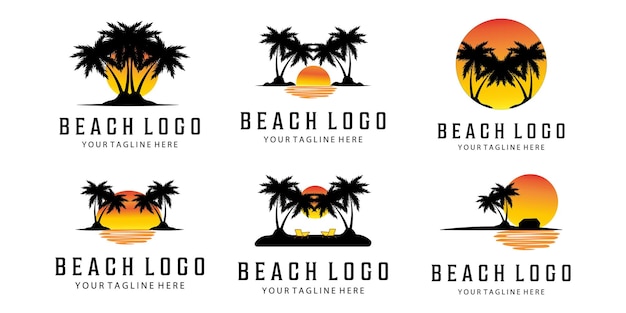 Set von retro-sonnenuntergängen im stil der 80er und 90er jahre abstrakter hintergrund mit einem sonnigen farbverlauf silhouetten von palmen vektor-design-vorlage für logo-abzeichen isolierter weißer hintergrund