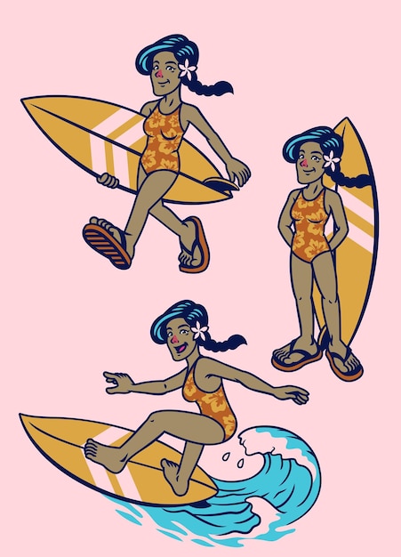 Set von retro tropischen balinesischen surfmädchen