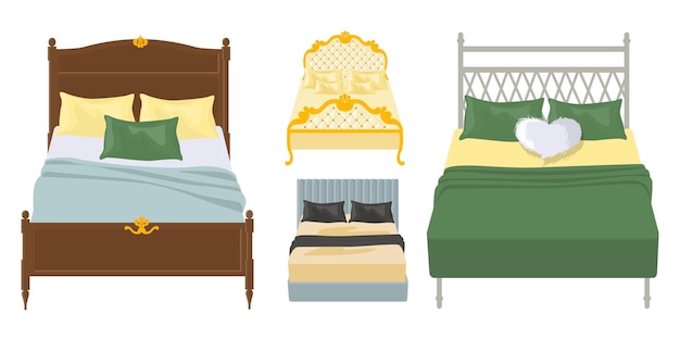Set von schönen Betten im Cartoon-Stil Vektor-Illustration von eleganten Doppelbetten mit weichen farbigen Kissen Bettdecken isoliert auf weißem Hintergrund Ein Ort zum Schlafen und Ausruhen