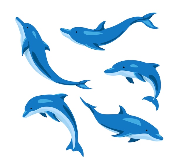 Set von schönen blauen Delfinen aus verschiedenen Winkeln auf weißem Hintergrund Vektor schöne Charaktere Delphine im Cartoon-Stil