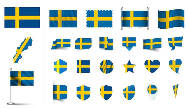Set von schwedischer Flagge flach Icon Set Vektor Illustration Flagge Knopf winken 3D-Rendering-Symbole