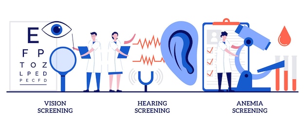 Set von seh-, hör- und anämie-screening, pädiatrische untersuchung