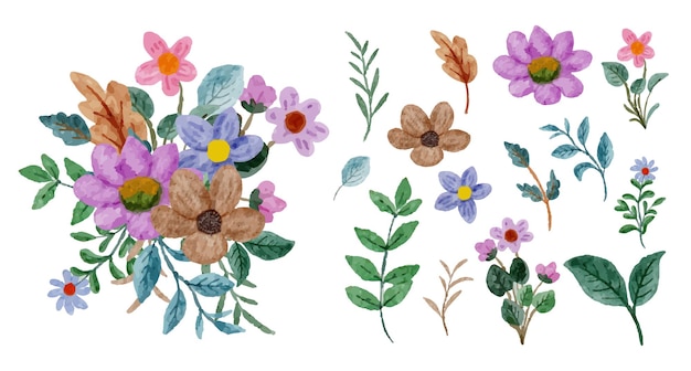 Set von separaten Teilen und bringen Sie zu einem schönen Blumenstrauß in Aquarellstil auf flacher Vektorillustration auf weißem Hintergrund zusammen
