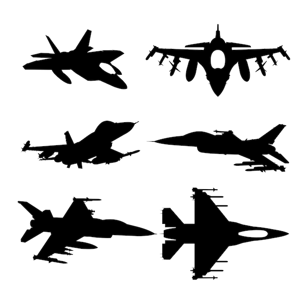 Set von Silhouetten von Kampfflugzeugen, Vektordesign