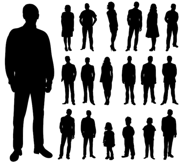 Vektor set von silhouetten von menschen, männern und frauen, kindern, eine sammlung von silhouetten