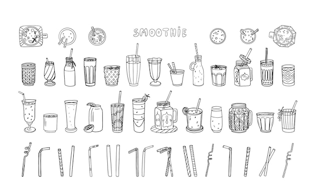 Vektor set von smoothies, joghurt und gläsern in verschiedenen größen und formen im doodle-stil