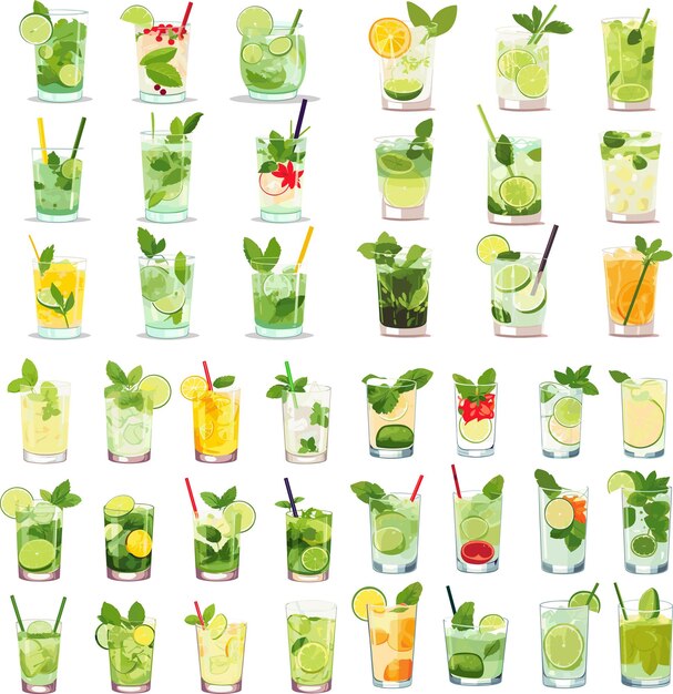 Set von sommer-cocktails cartoon-vektor-illustration isoliert auf weißem hintergrund icon frisches getränk