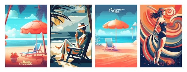 Set von Sommerferien-Vektorillustrationsplakaten mit Küstenlandschaft, Sonnenbettfrau im Urlaub, retro und moderner Stil für eine Grußkarte