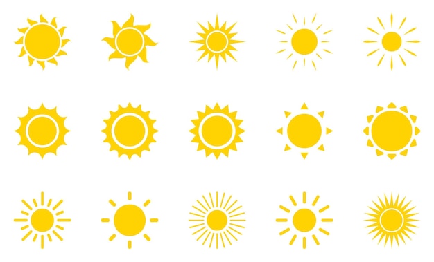 Set von Sonnensymbolen. Gelber Strahl oder Sonnenbrand. Sommer, Sonnenlicht, Natur, Himmel. Sammlung gelber Silhouettensonne zur Verwendung als Logo oder Wettersymbol. Vektorillustration, flaches Design