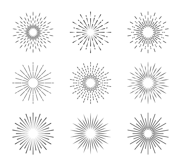 Set von Sunburst Vintage Sunburst Line Icons Explosion Feuerwerk Funken Sternlichtstrahlen Sonnenuntergang
