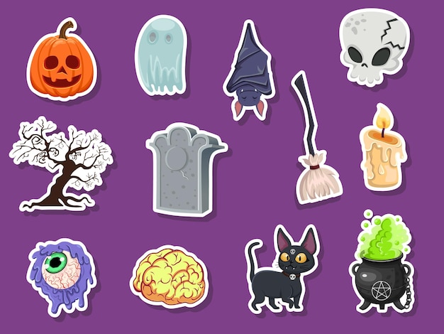 Set von Symbol-Halloween-Aufklebern. Kürbis, Geist, Gehirn, Fledermaus, Schädel, Grabstein, Baum, Kerze, Besen, Augapfel, Katze, Hexenkessel. Vektor-Illustration