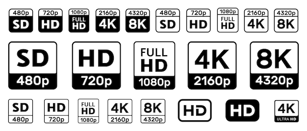 Vektor set von symbolen für die videoqualität. hd, full hd, uhd, 4k, 8k, sd-zeichen.