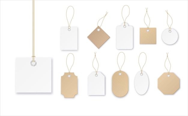 Set von Tags oder Verkaufsetiketten für Vektoreinkäufe mit Seil Weißes Papier und braunes Kraftpapier realistisches Material Flaches Design isolierter Vektor