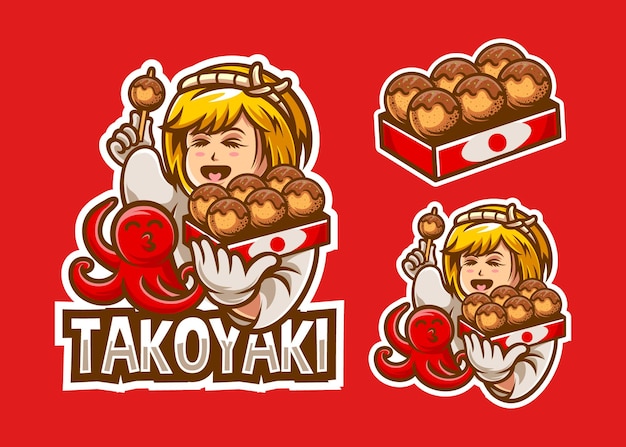 Set von takoyaki-mädchen mit oktopus-illustration