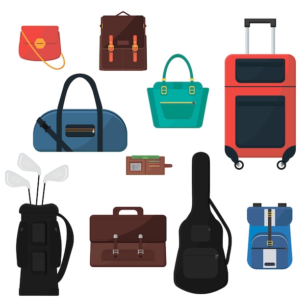 Vektor set von taschen. koffer auf rädern, damenhandtaschen, gitarrenkoffer, golftasche, schulrucksack, herrenaktentasche, brieftasche. buntes zubehör.