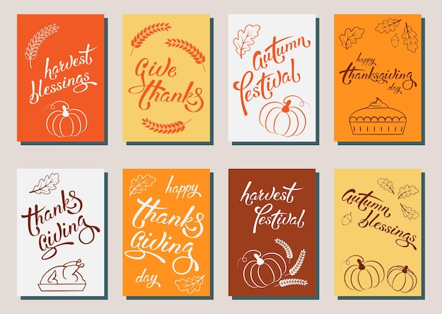 Set von Thanksgiving-Grußkarten für Feiertagsdesign mit Schriftzug Kürbisseichenblätter Truthahn