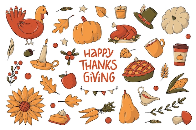Vektor set von thanksgiving-kritzeleien, clip-art-cartoon-elementen für aufkleber, drucke, karten, schilder
