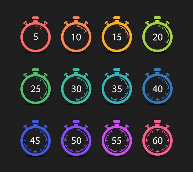 Set von timern und stoppuhren. 5,10,15,20,25,30,35,40,45,50,55,60 minuten.