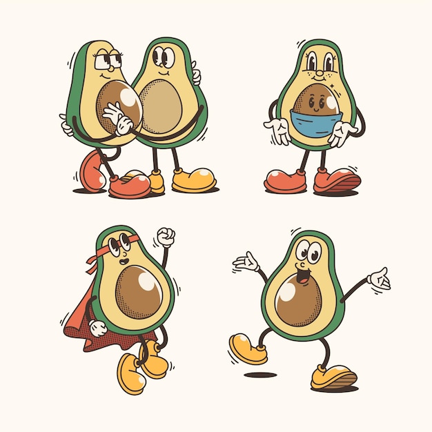 Vektor set von traditionellen lustigen avocado-cartoon-illustrationen mit unterschiedlichen posen und ausdrücken