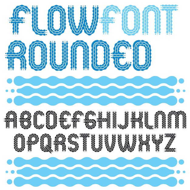 Set von trendigen Pop-Vektor-Hauptbuchstaben des englischen Alphabets isoliert. Abgerundete fette Retro-Schriftart, Skript von a bis z am besten für die Verwendung im Logotyp-Design. Erstellt mit Wellen, fließenden Linien.