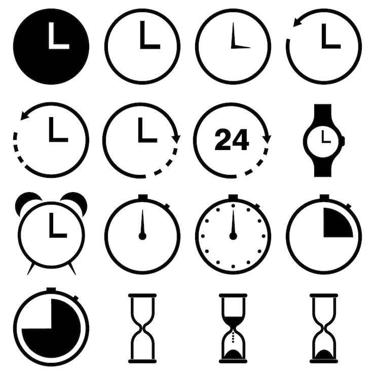 Vektor set von uhrensymbolen. datums- und zeitsymbol. ereignissymbol, flaches vektorsymbol, isoliert auf weißem hintergrund.