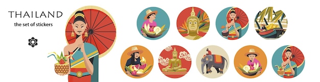 Set von Vektoraufklebern Thailand Sammlung von Designelementen Natursehenswürdigkeiten und Kultur Thailands