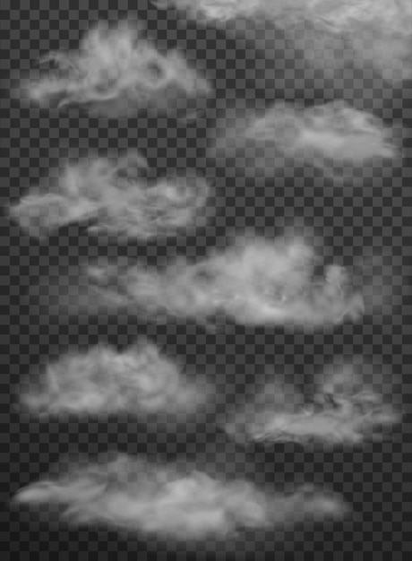 Set von Vektorwolken und Sonne auf transparentem Hintergrund