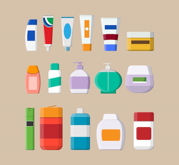 Set von verschiedenen Farbkosmetikflaschen.