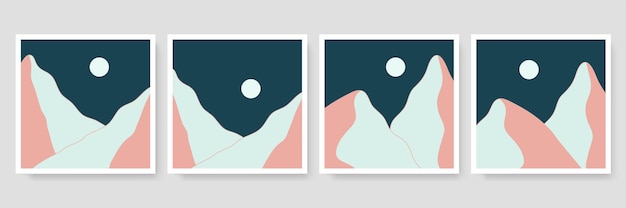 Vektor set von vier abstrakten ästhetischen mitte des jahrhunderts moderne landschaft zeitgenössisches boho-design. minimale und natürliche illustrationen wandbilder