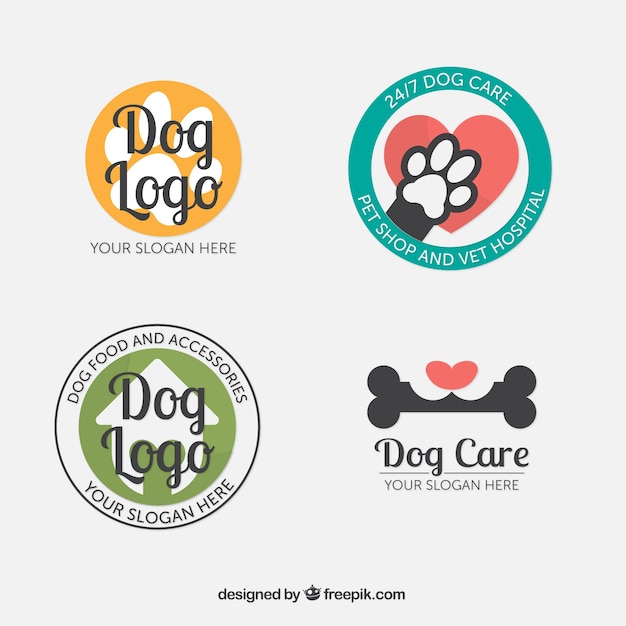 Set von vier fantastischen Hund Logos in flachem Design