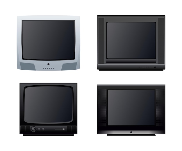 Set von vier Retro-Fernseher mit schwarzen Rahmen und Vektordesign
