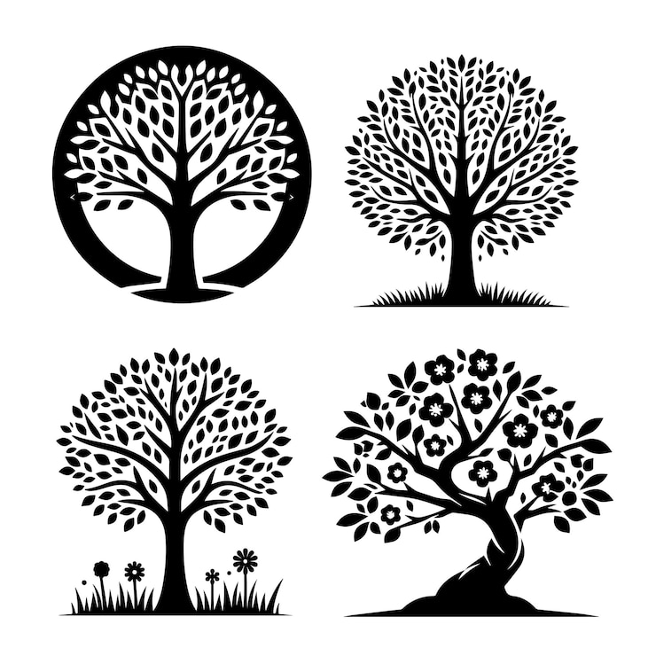 Vektor set von vier schwarzen silhouetten, niedliche bäume, elegante naturillustrationen, klassische botanische kunst.
