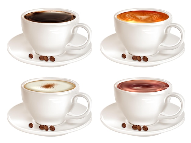 Vektor set von vier tassen kaffee verschiedener sorten, seitenansicht