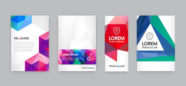 Set von visueller identität mit buchstaben-logo-elementen im polygonalen stil briefkopf und geometrische dreieckige design-stil broschüren-cover-vorlagen-mockups für unternehmen mit fiktiven namen