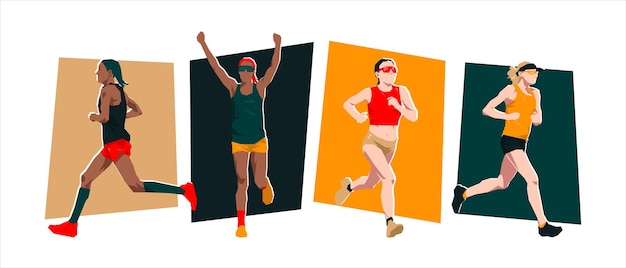 Set von weiblichen Marathonläufern mit unterschiedlichen Gesten isoliert auf weißem Hintergrund Vektorkunst