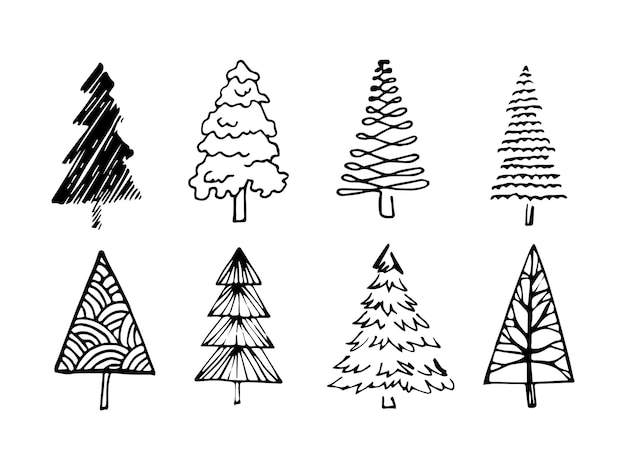 Set von Weihnachtsbäumen im Doodle-Stil, um das neue Jahr und Weihnachten zu feiern