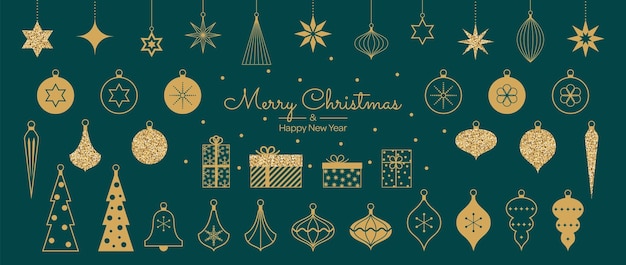 Set von weihnachtslichen minimalistischen goldenen geometrischen Elementen oder Ikonen in flachem linearen Design