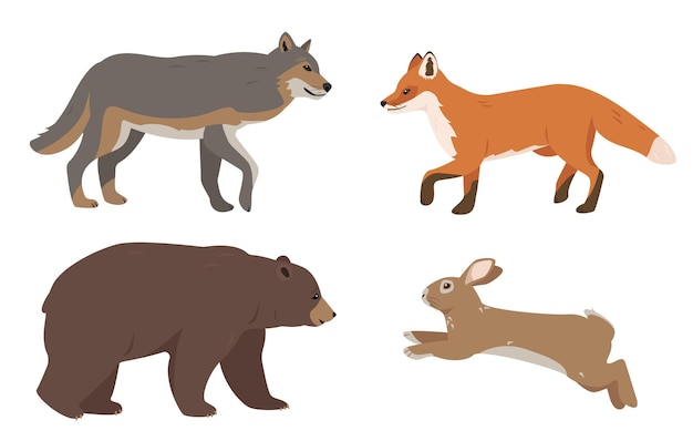 Set von wilden tieren wolf fuchs bär und hase oder kaninchen in verschiedenen posen tier-ikonen