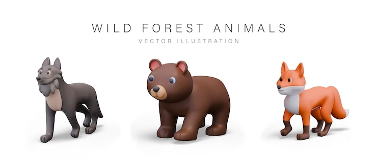 Vektor set von wilden waldtieren im 3d-kinderstil wolfbär fuchs auf weißem hintergrund