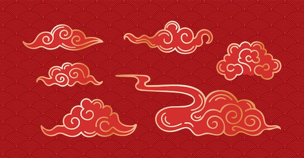 Vektor set von wolken im asiatischen stil gold auf rot vektor vintage-illustration fischschuppenhintergrund traditionelle wolkenmuster im chinesischen, koreanischen und japanischen orientalischen stil für aufkleber designelement