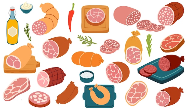 Set von Würstchen, Speck, Schinken, geräuchertem Fleisch, Salami, Frankfurter, geschnittenen und ganzen Würstchen und Fleischsatz